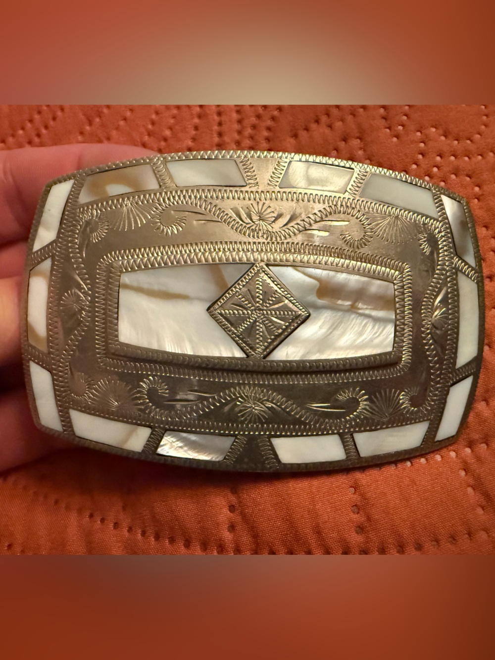 Johnson & Held Silver Inlay Mother-of-Pearl Statement Belt Buckle - White